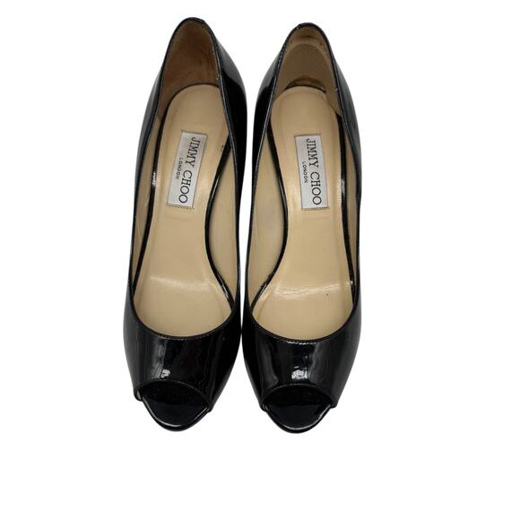 Jimmy Choo Patent Leather Peep Toe Wedge Pumps Black Women's Size 37 - Picture 1 of 5